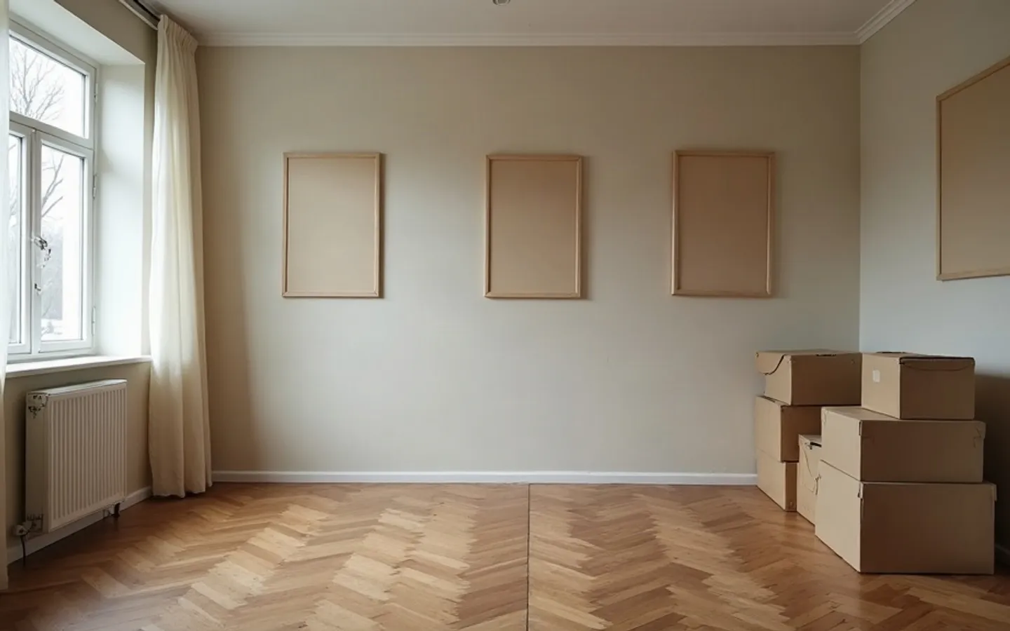 Lege woonkamer in een ouder rijtjeshuis met ochtendlicht door de vitrage, lichte plekken op het behang waar schilderijen hingen en enkele dichtgeplakte verhuisdozen naast de deur.