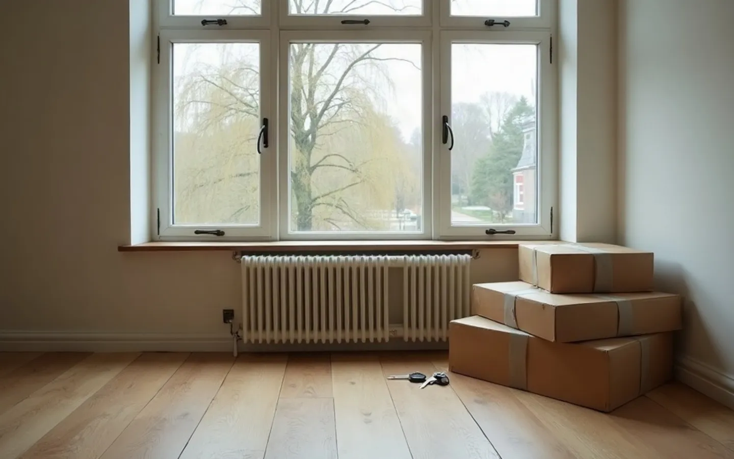 Lege woonkamer van een oudere rijtjeswoning met ochtendlicht door de vitrage, enkele dichtgeplakte verhuisdozen tegen de muur en een sleutelbos op de vensterbank.