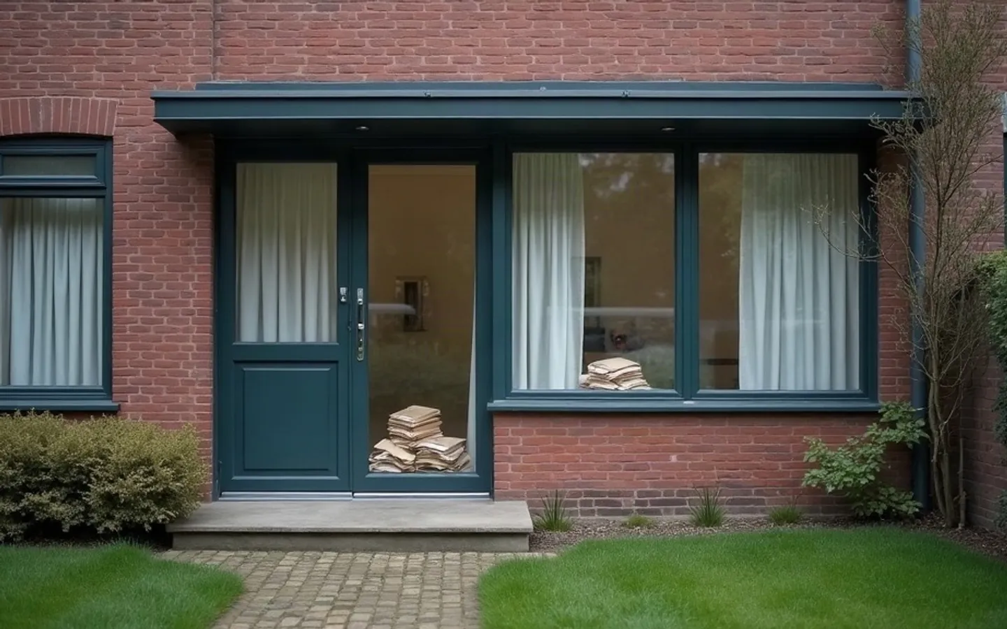 Een gesloten voordeur van een bakstenen rijtjeshuis, met achter het glas een stapeltje ongeopende post op de mat en dichtgetrokken gordijnen.