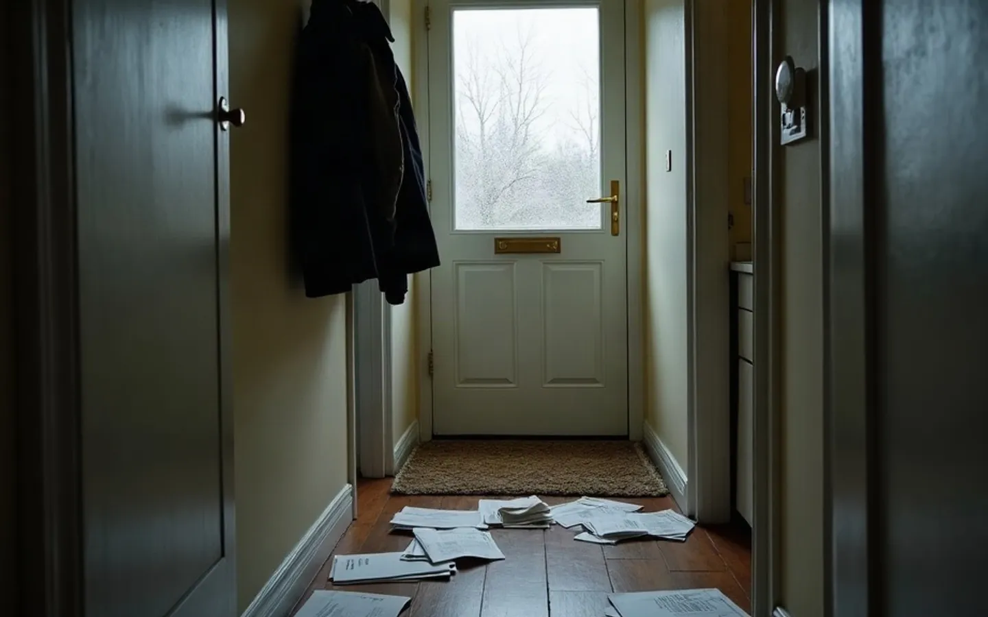 Een bakstenen rijtjeshuis in het ochtendlicht met gesloten gordijnen. Door het glas van de voordeur is een stapeltje ongeopende enveloppen op de tegelvloer van de gang te zien.