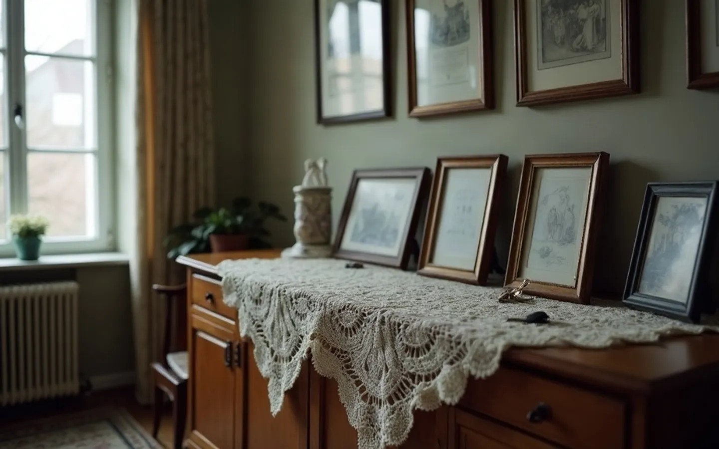 Lege woonkamer in een ouder huis met verkleurd behang waarop lichte vlakken zichtbaar zijn van weggehaalde schilderijen, en enkele dichtgeplakte verhuisdozen bij het raam.