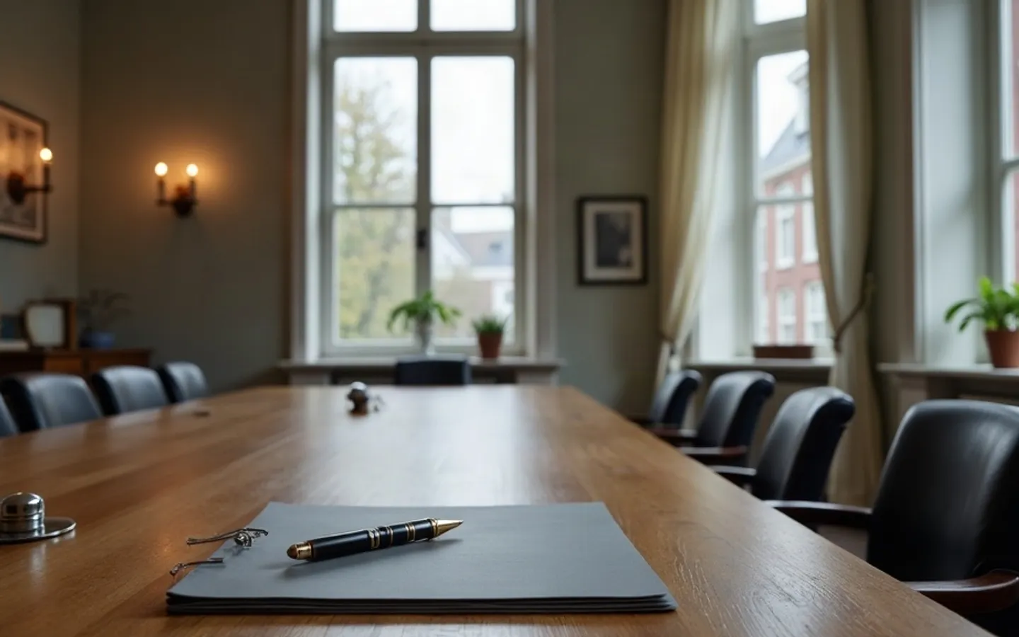 Lege vergaderkamer van een notariskantoor met een lange houten tafel, een gesloten dossiermap en een vulpen, hoge ramen met uitzicht op een gracht.