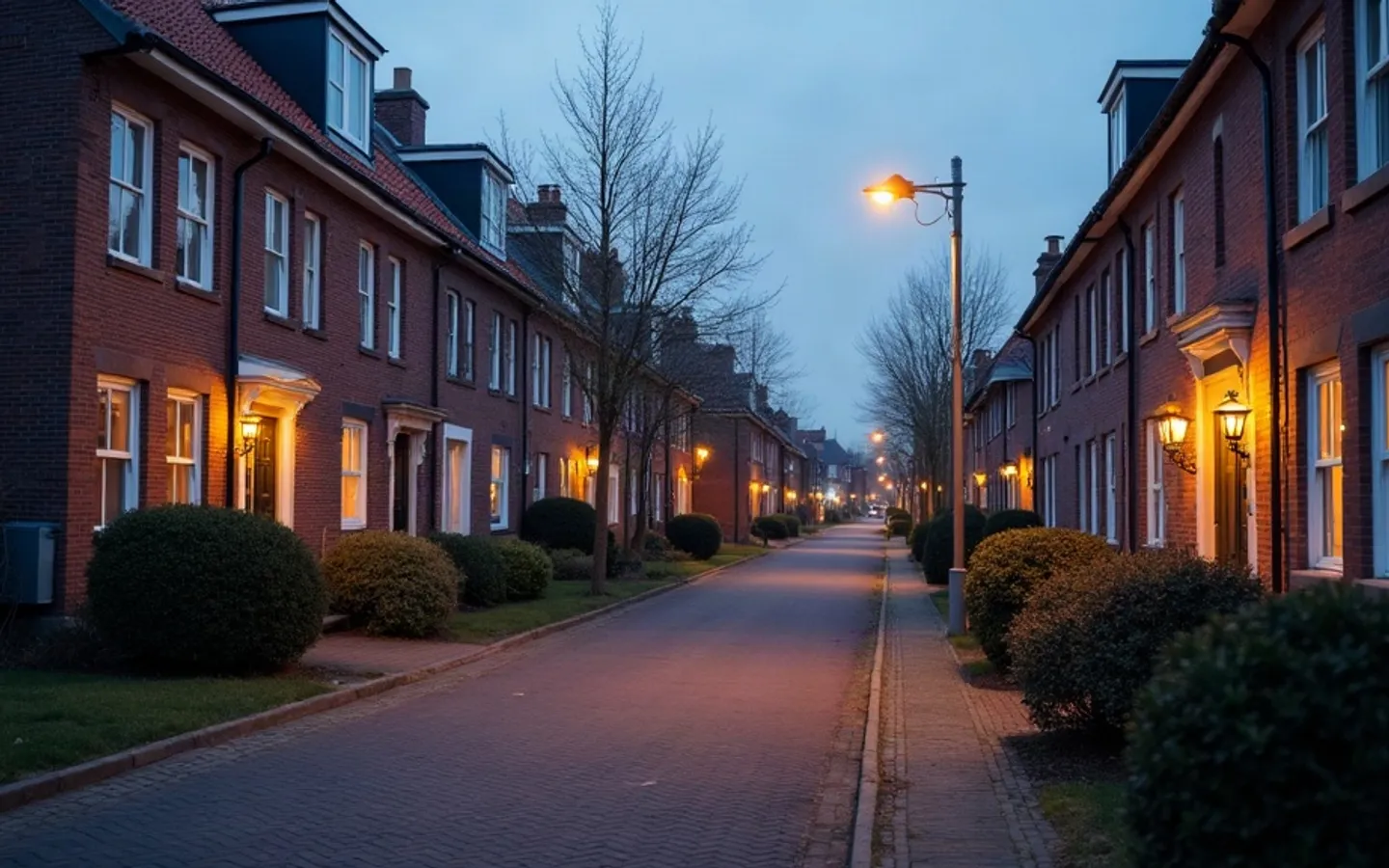 Een woonstraat in de schemering, met straatverlichting die net aan is.
