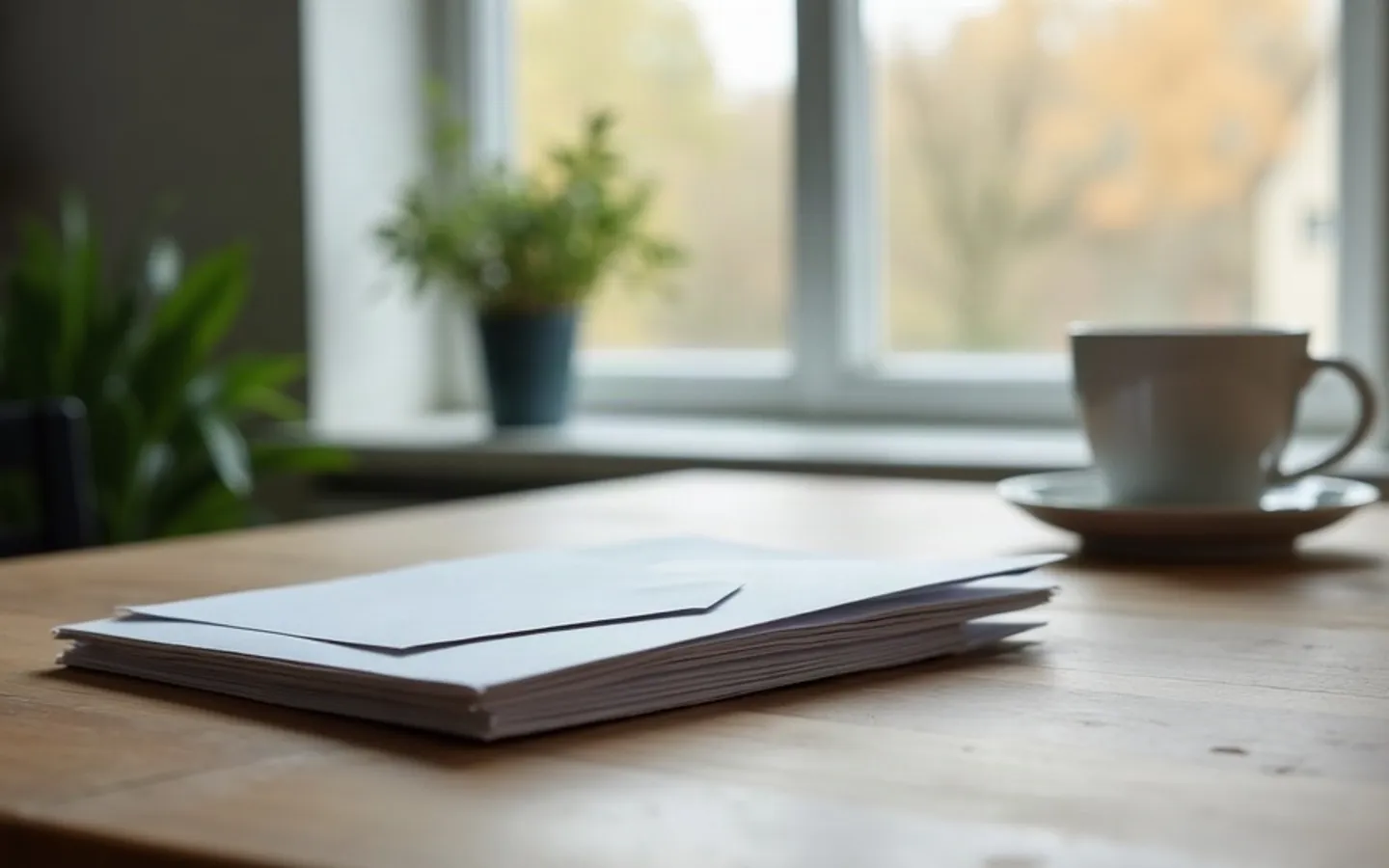Een stapel ongeopende enveloppen op een keukentafel.