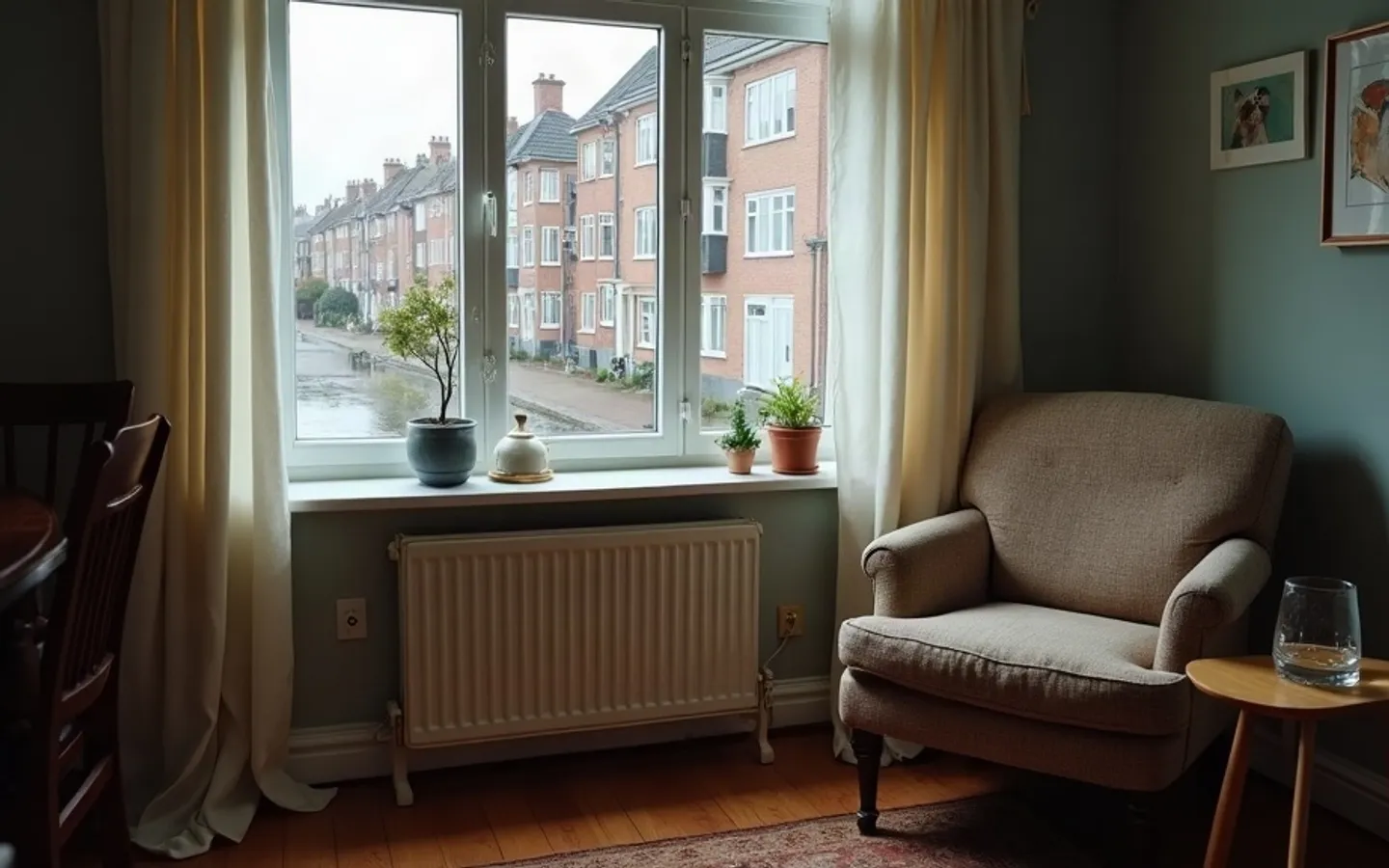 Een lege stoel bij een raam, met uitzicht op een straat.