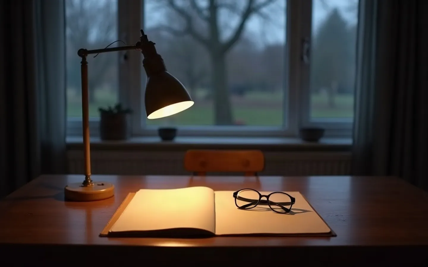 Een tafel onder een lamp, met papieren en een pen erop.