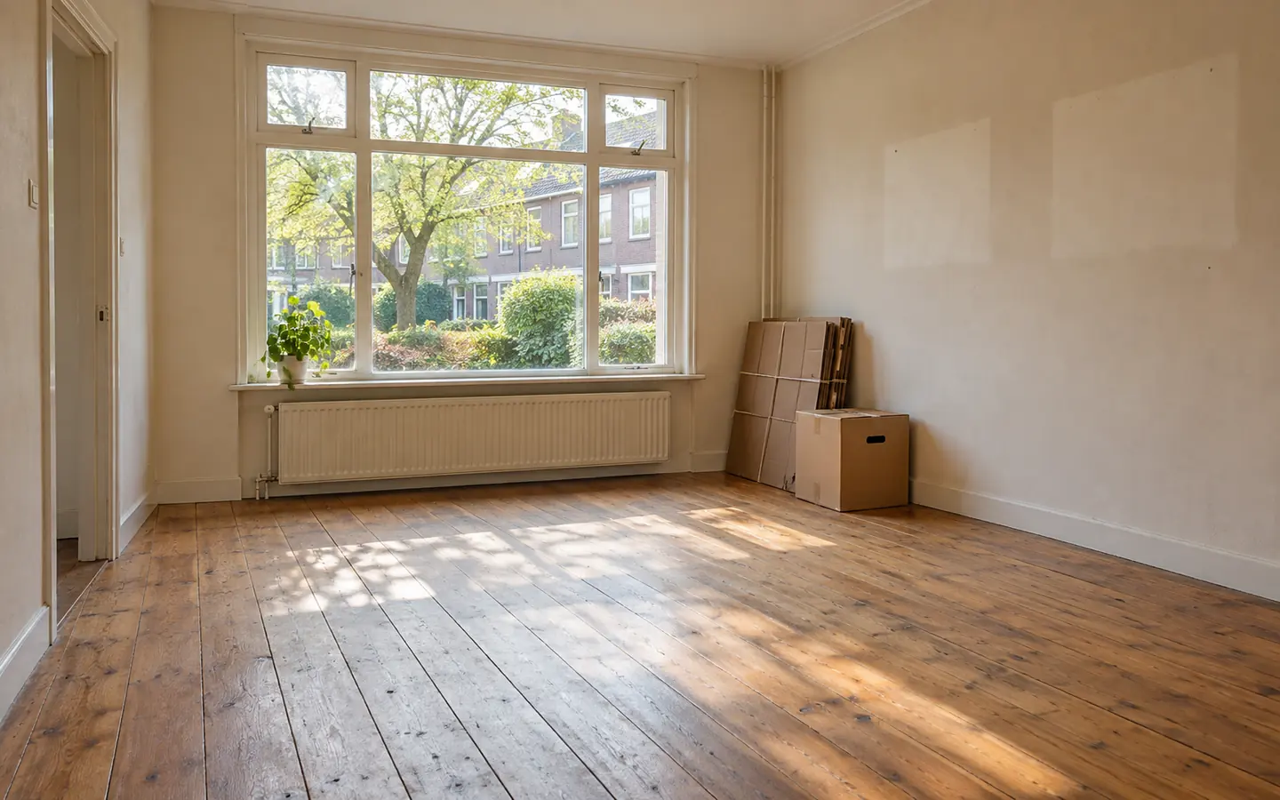 Lege woonkamer in een ouder rijtjeshuis, met kale houten vloer, lichte plekken op het behang waar schilderijen hingen en enkele opgevouwen verhuisdozen bij het raam in zacht ochtendlicht.